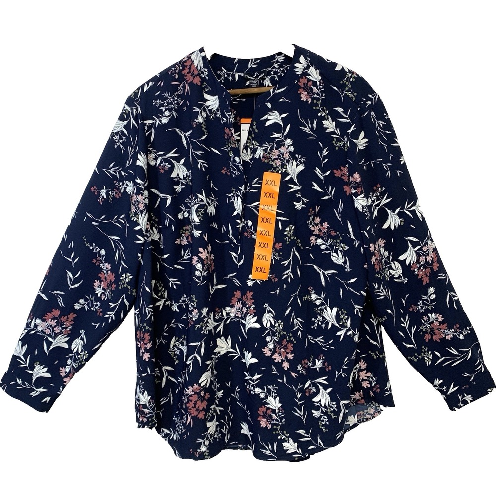 Hilary Radley Pop Over Dark Floral Blouse Top Woman XXL 2XL Blue Long Sleeve New